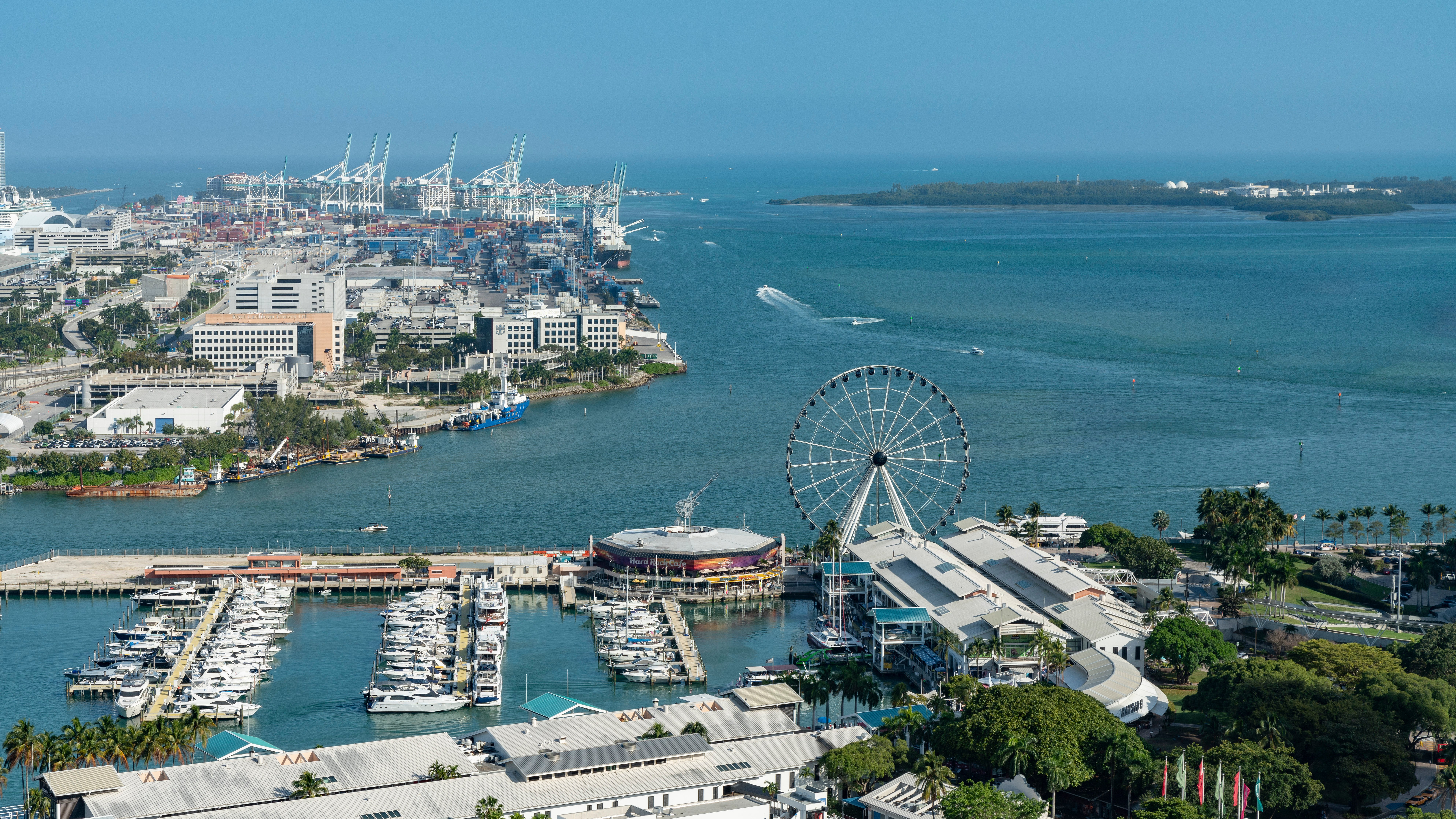 A panoramic view of a busy waterfront area featuring a marina with several boats, a large Ferris wheel, and a bustling port in the background. The scene is set under a clear blue sky, with water in the foreground and city buildings lining the shore.