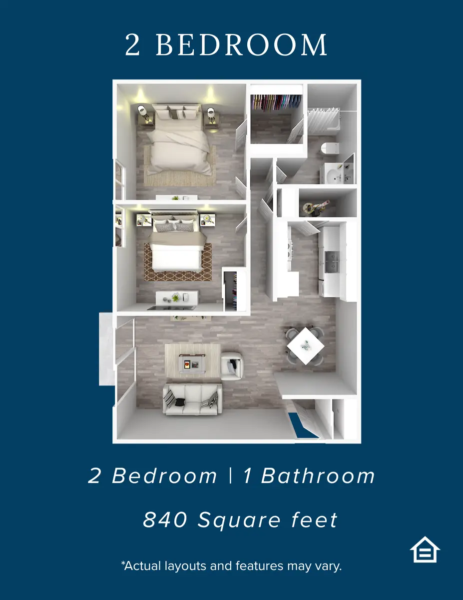 A 2-bedroom apartment floor plan showing two bedrooms, one bathroom, a living area, and a kitchen, totaling 840 square feet.