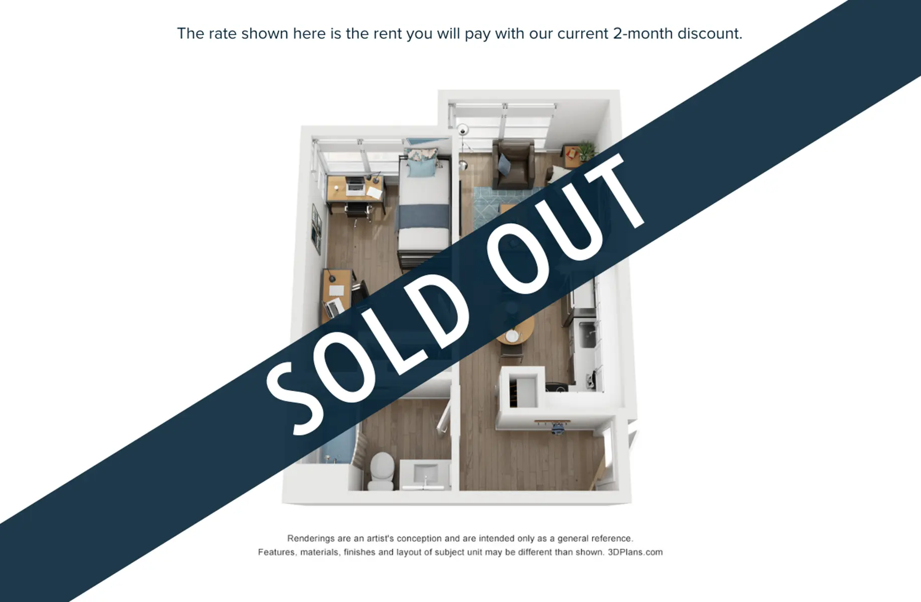 A top-down view of a furnished apartment layout with furniture placements. A prominent banner reads 'SOLD OUT' across it.