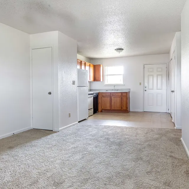 An empty living room space with light-colored walls and carpet. There is a small kitchen area visible with wooden cabinets and a refrigerator. A door and a window provide natural light.