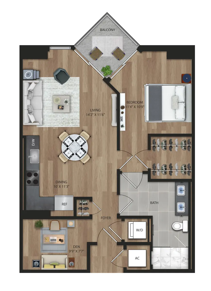 A top-down view of a modern apartment floor plan featuring a living room, dining area, bedroom, bathroom, den, and balcony.