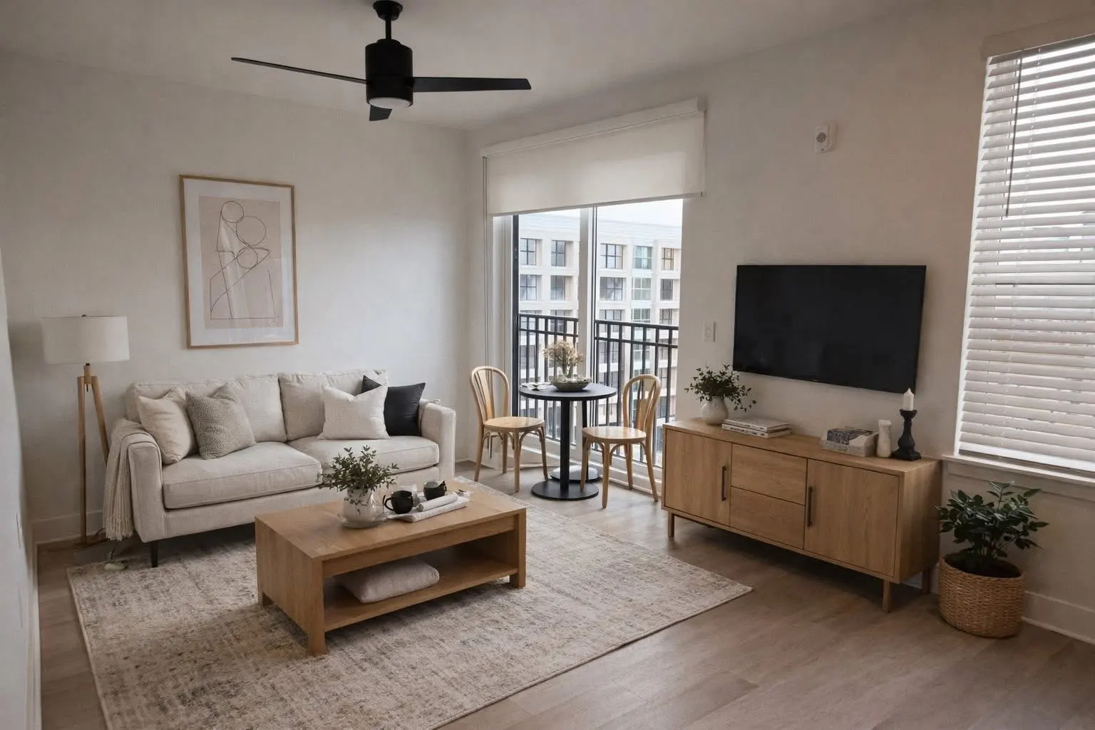 A modern living room featuring a cream-colored sofa with several decorative pillows, a wooden coffee table with plants and decor items, a TV mounted on the wall, and a small dining table with chairs by the window. There are light-colored wood floors and soft natural light coming in through the window.