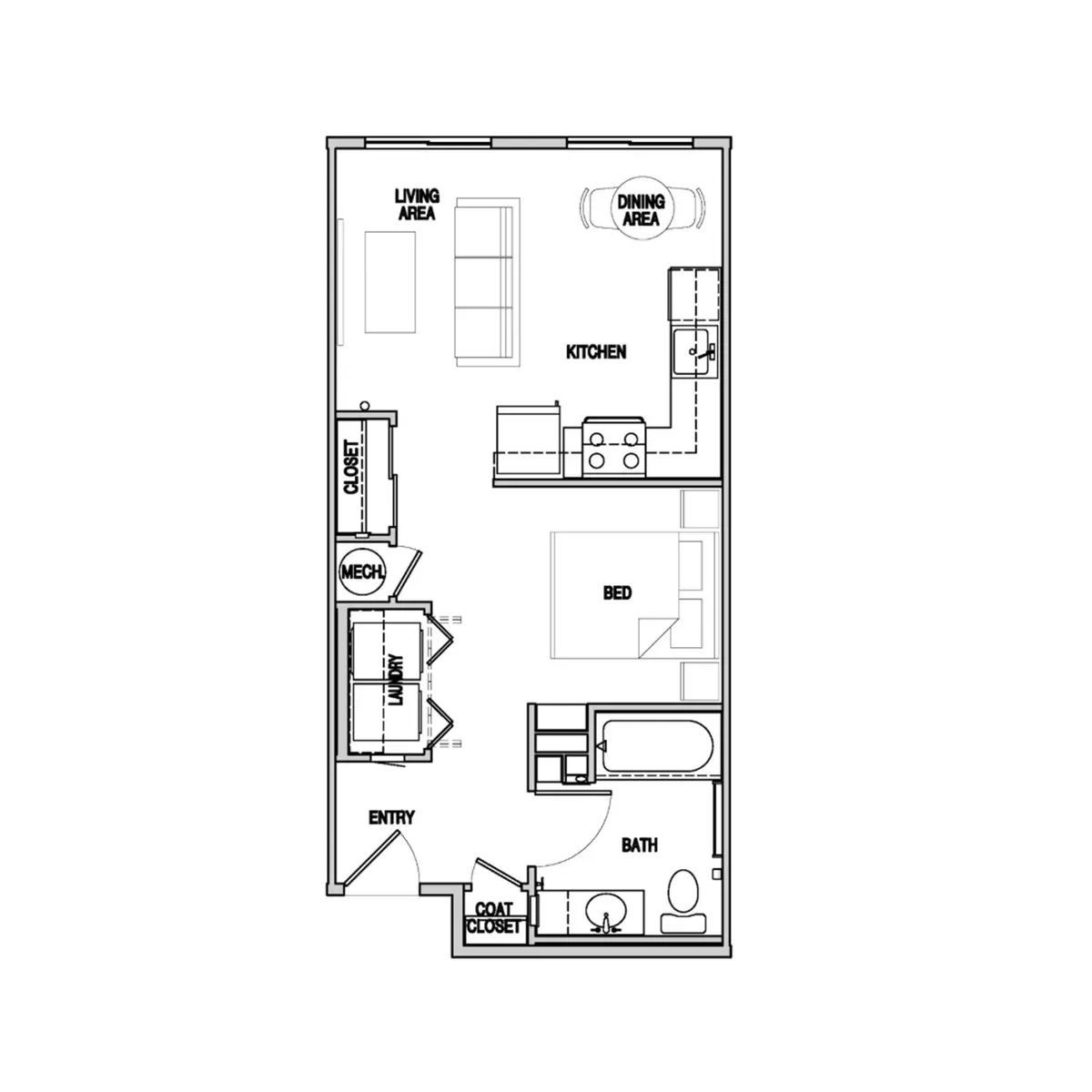 Small Apartment Floor Plan A black and white floor plan of a small apartment layout featuring a living area, kitchen, bedroom, bathroom, dining area, and entry.