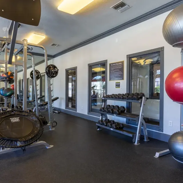 Interior view of a gym with various fitness equipment including weights, exercise balls, and a trampoline-like device.