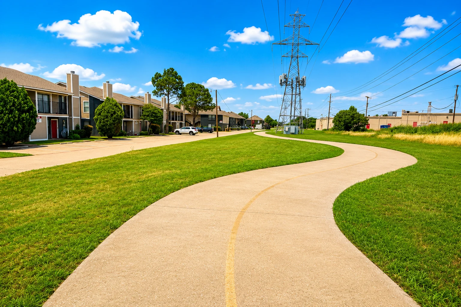 Winding Pathway by Apartment Complex A winding concrete pathway leads through a green grassy area next to apartment buildings under a clear blue sky.