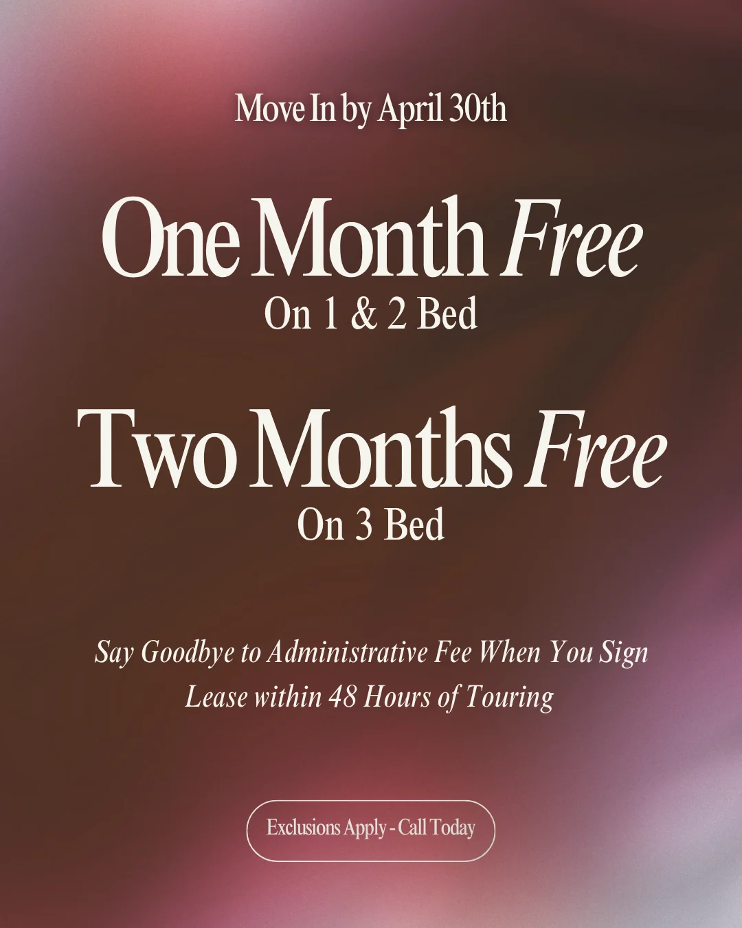 Promotional flyer for apartment rentals offering free months of rent.