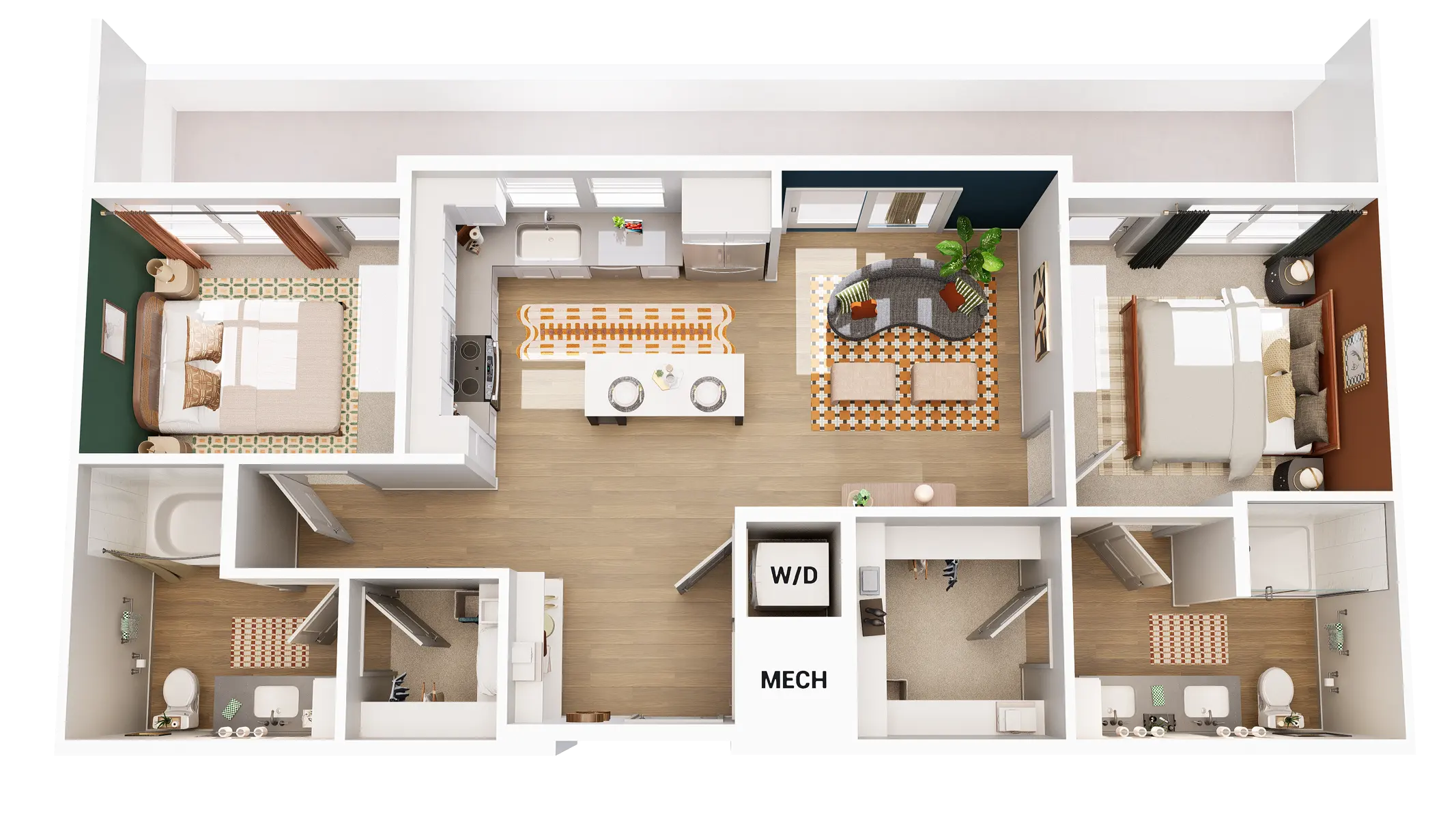 Modern Apartment Floor Plan A detailed floor plan layout of a residential apartment featuring several rooms including living spaces, bedrooms, and bathrooms.