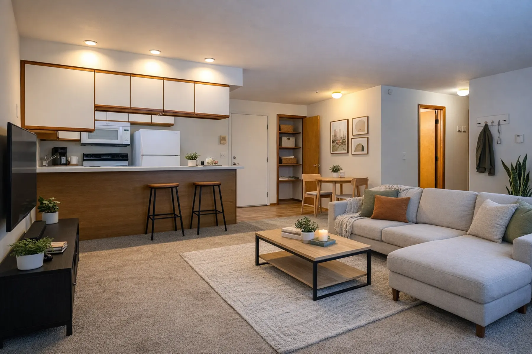 A modern living room and kitchen combined in an open layout. The living area features a light-colored sofa, a coffee table on a soft rug, and a television on a stand. The kitchen has wooden cabinets and white appliances, with bar stools at a counter. There are decorative plants and artwork on the walls, creating a cozy atmosphere.