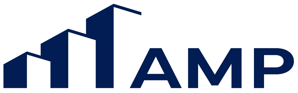 AMP Logo Logo of AMP featuring stylized buildings and the acronym AMP in blue.