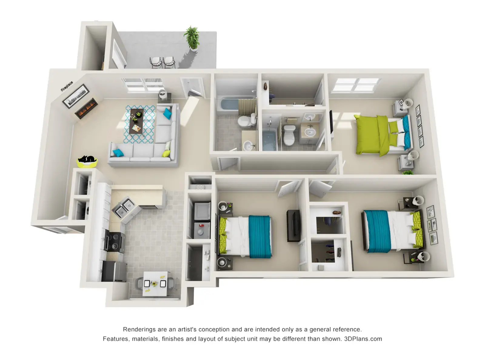3D Apartment Floor Plan 3D floor plan of an apartment showing rooms and layout including a living area, kitchen, bathrooms, and bedrooms.