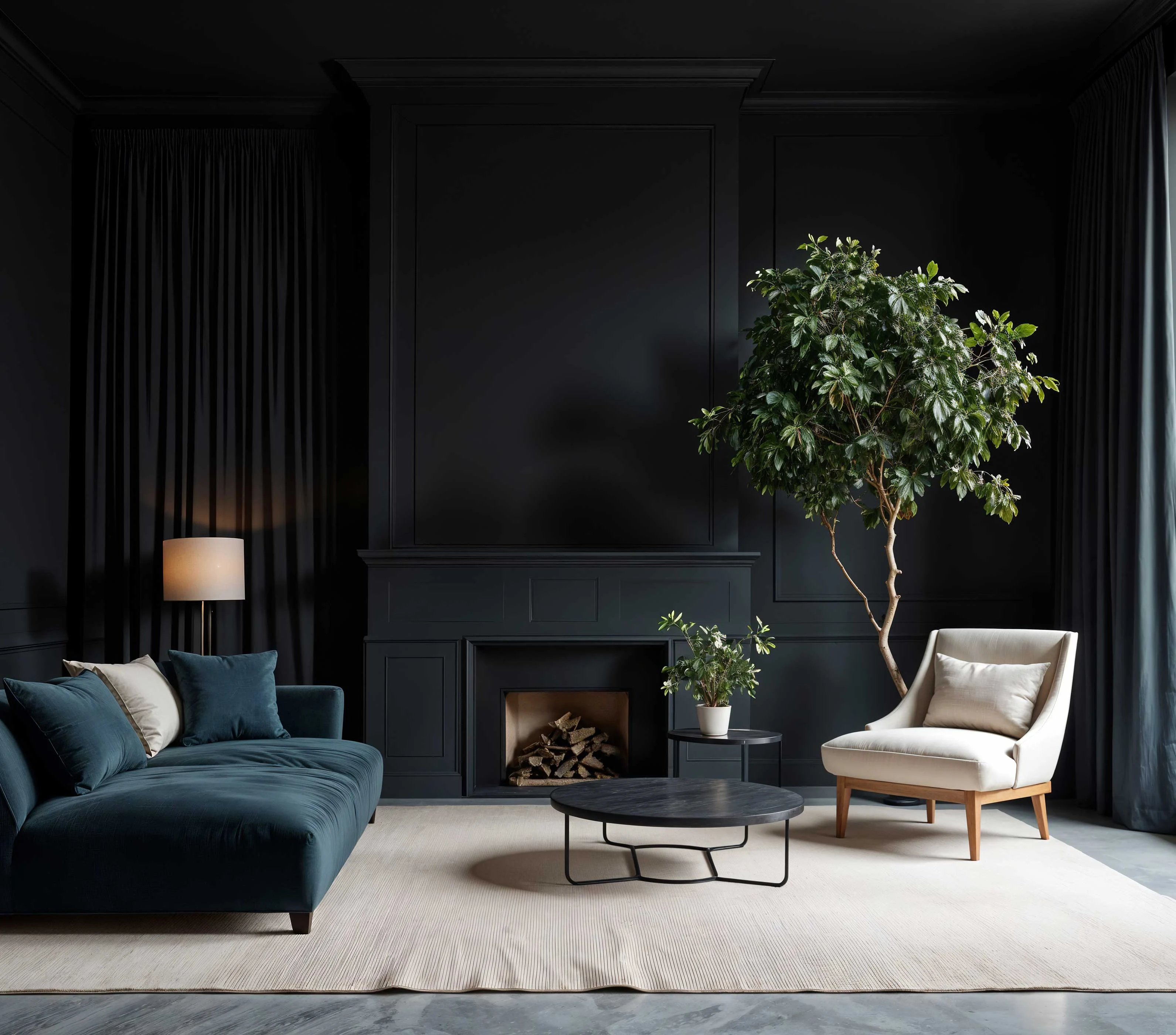 Elegant Modern Living Room A stylish modern living room featuring a dark black wall, a plush teal sofa with decorative pillows, a cream-colored rug, and a round coffee table. A large indoor plant stands beside a light-colored armchair, while a lamp is positioned near the sectional couch.