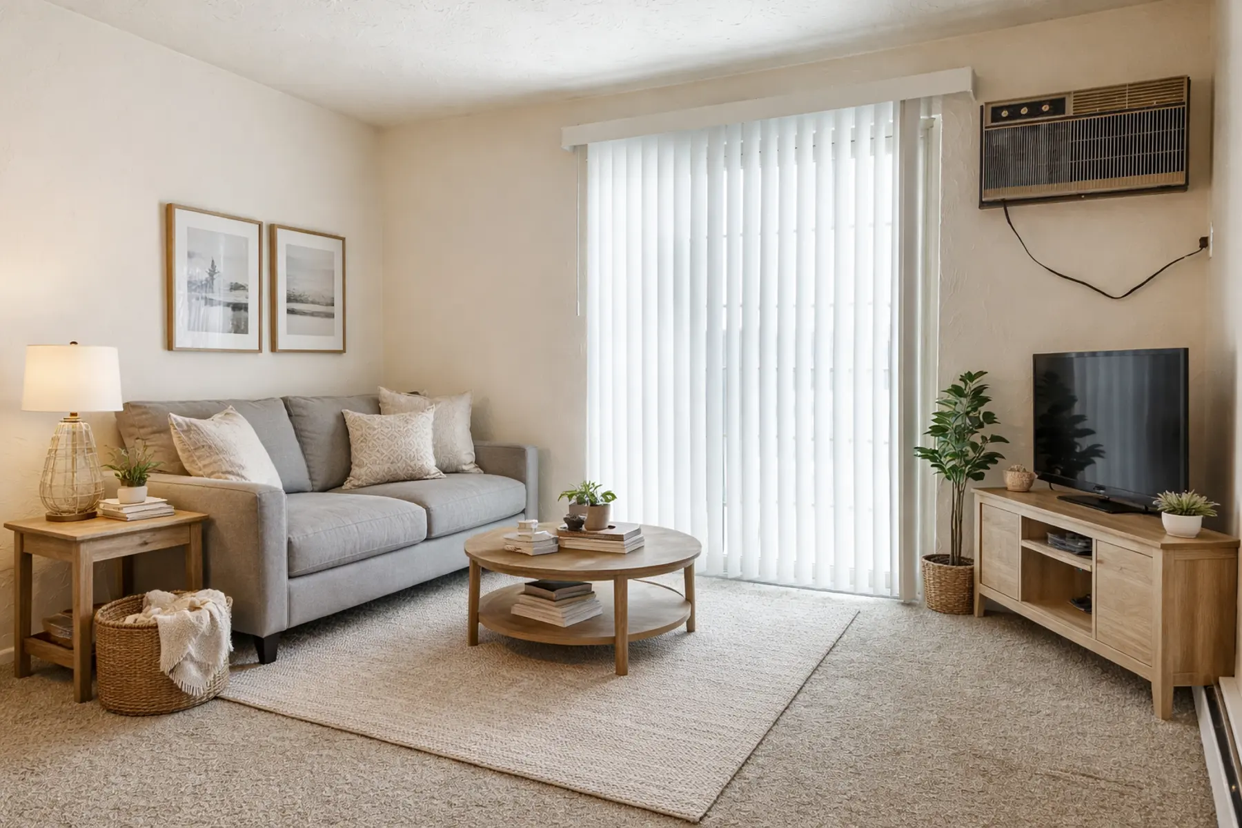 A cozy and modern living room featuring a gray sofa with pillows, a round wooden coffee table, a lamp on a side table, and a TV stand.