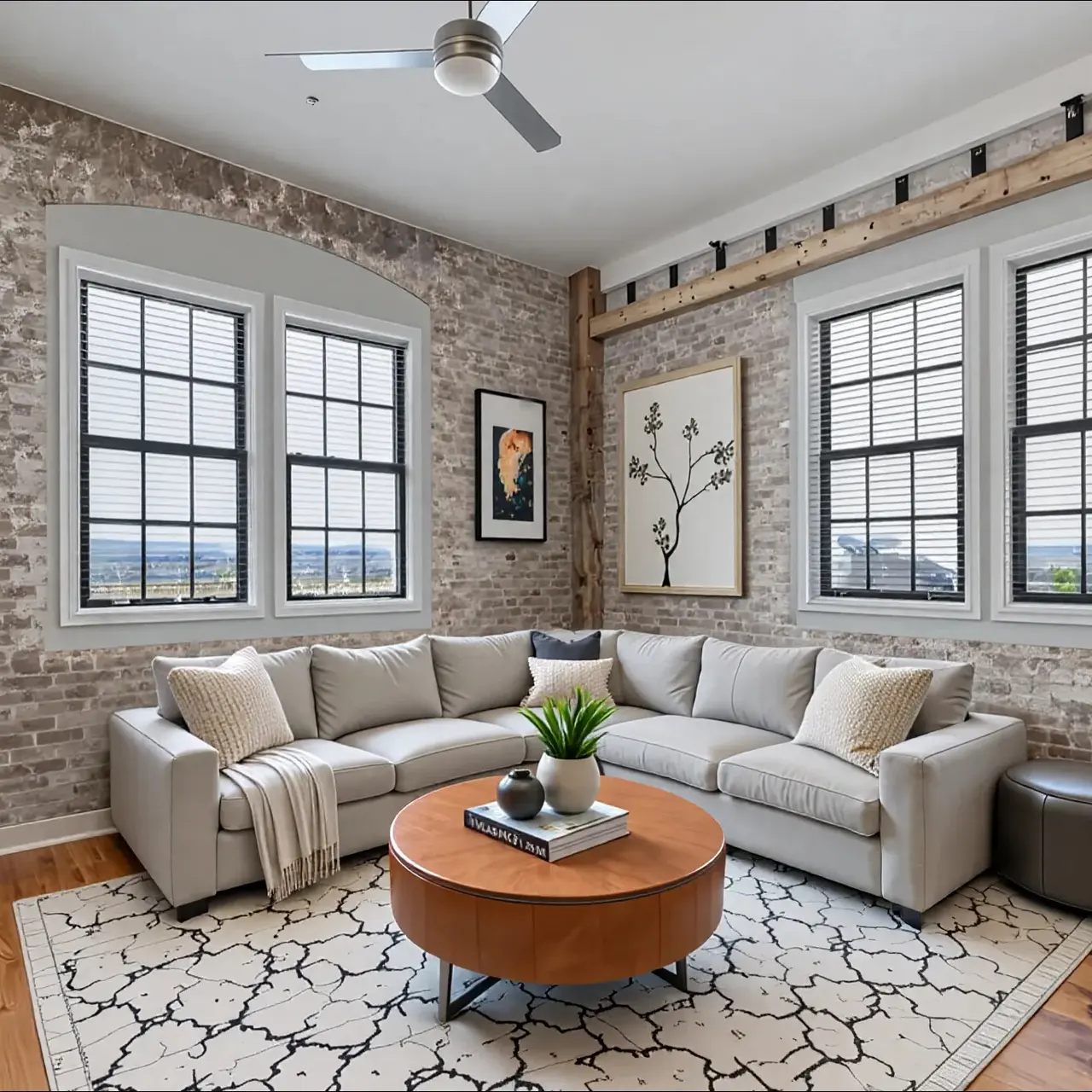 A cozy modern living room featuring a sectional couch, a circular coffee table, and large windows with the view of an outdoor landscape. The walls are made of exposed brick and adorned with artwork. The room includes a decorative area rug and a warm color palette.