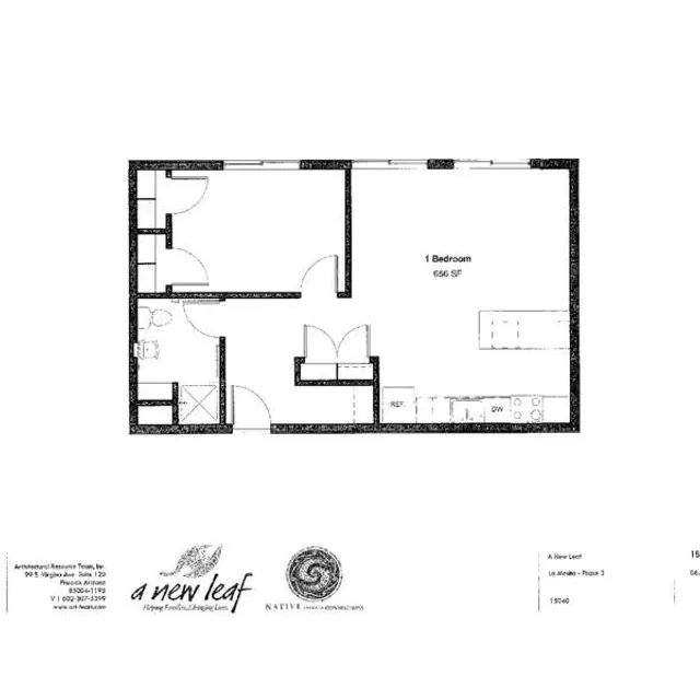 One-Bedroom Apartment Floor Plan A floor plan of a one-bedroom apartment measuring 636 square feet. It contains a bedroom, bathroom, living area, and kitchen layout.
