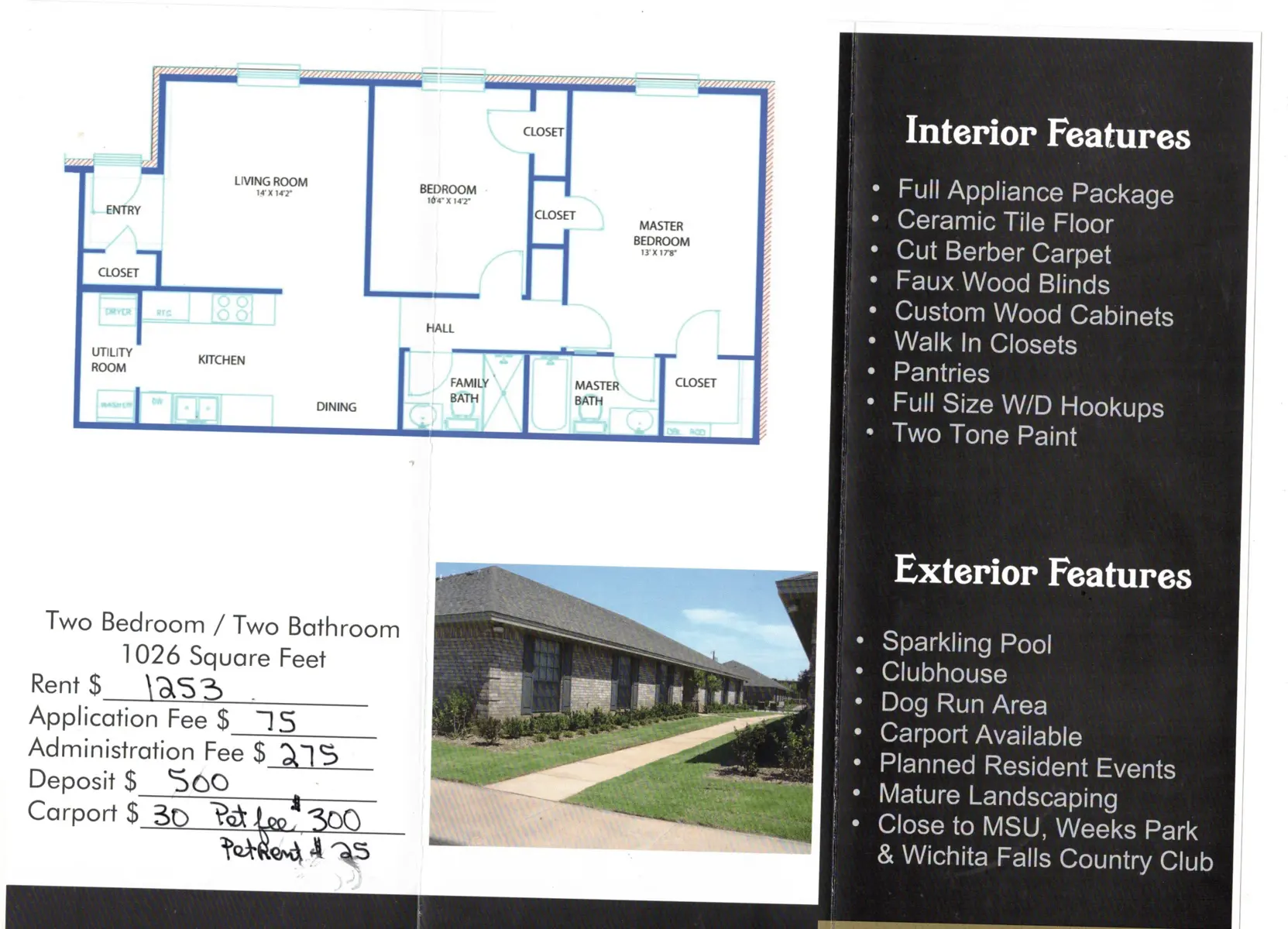 A printed apartment listing showcasing the layout and features of a two-bedroom, two-bathroom apartment.