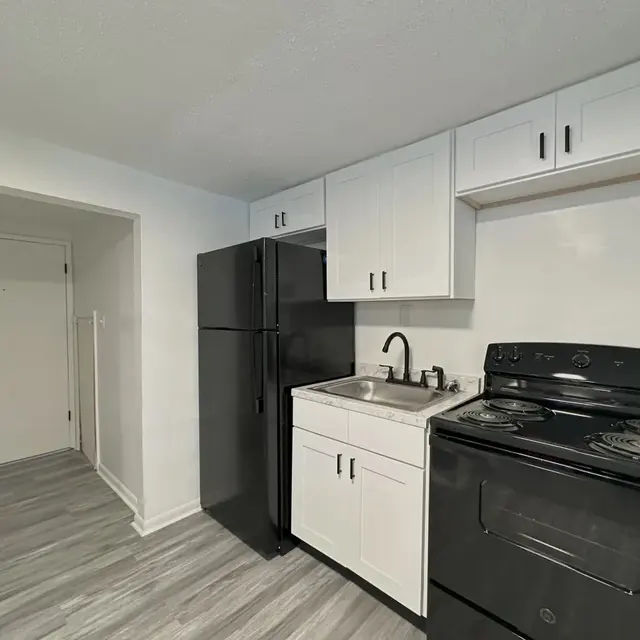 A modern kitchen with black and white cabinets, featuring a black refrigerator, stove, and sink. The kitchen has a light grey floor and is well-lit with an entrance visible in the background.