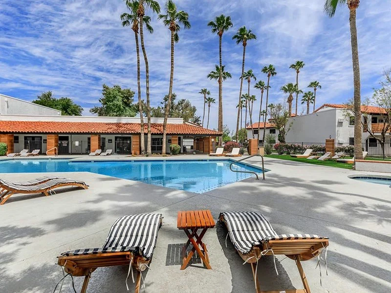 Swimming pool area with lounge chairs and palm trees