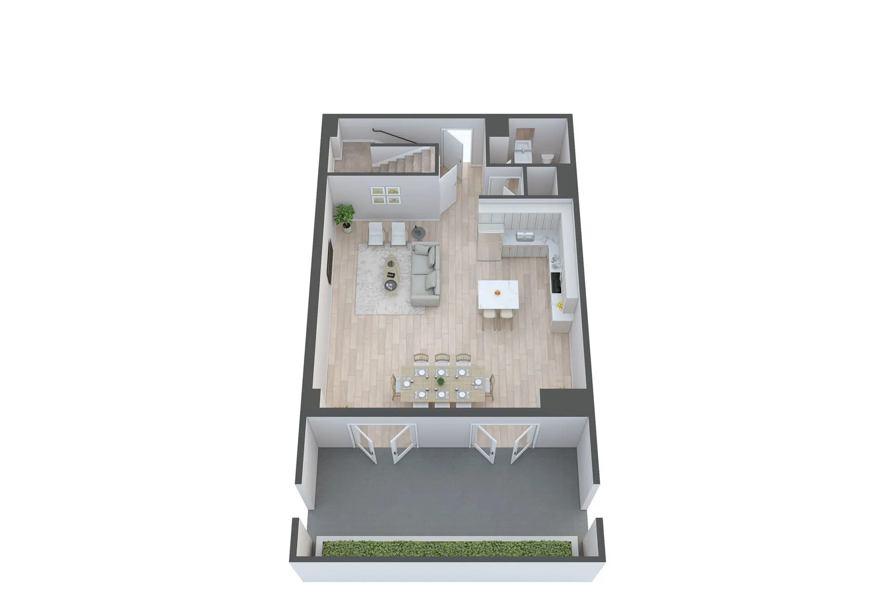A top-down view of a modern floor plan featuring an open living area, dining space, and kitchen. There are stairs leading to an upper level and a patio area with sliding doors.