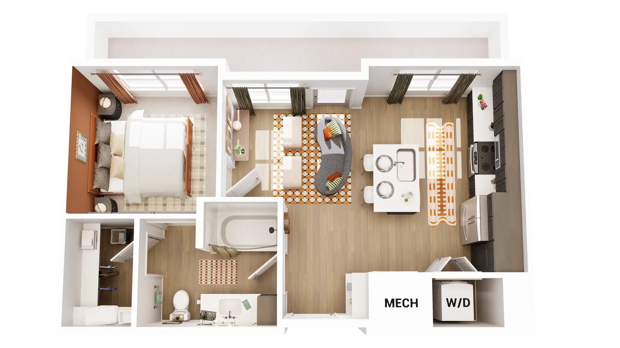 A 2D floor plan of an apartment featuring a living area, kitchen, bedroom, bathroom, and utility space labeled for mechanical and washer/dryer.