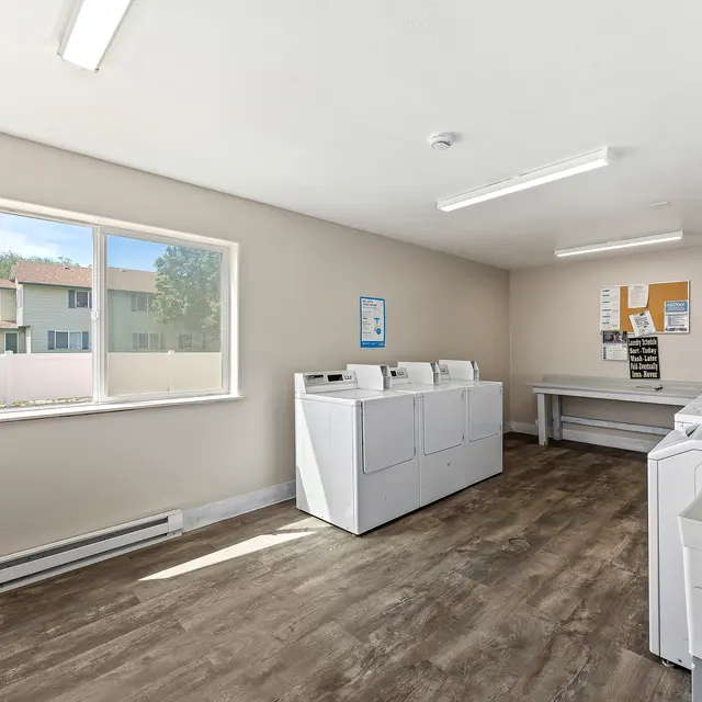 Bright and Spacious Laundry Room An empty laundry room featuring several washing machines, a window with a view of the outdoors, and light-colored walls and flooring.