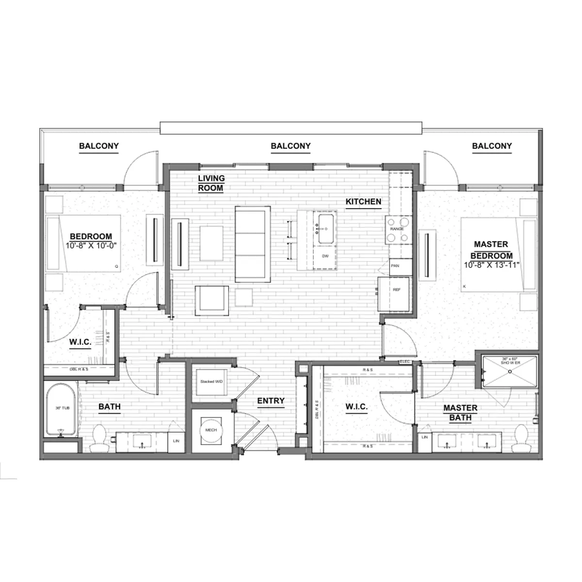 A detailed floor plan of a two-bedroom apartment featuring a living room, kitchen, two balconies, and various bathrooms and closets.
