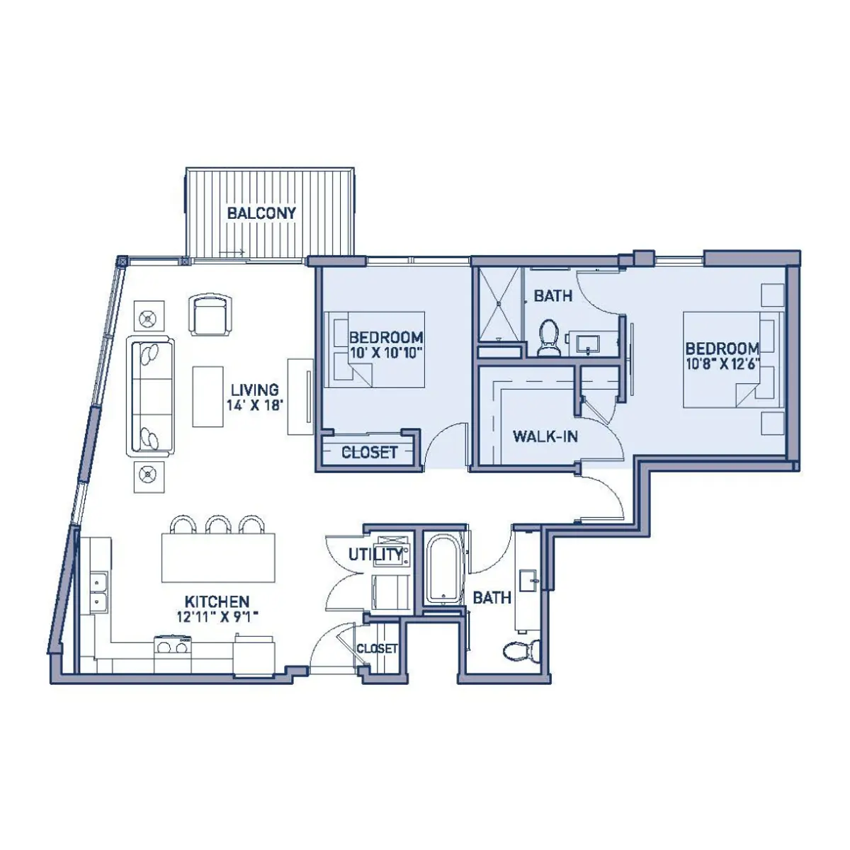 Three-Bedroom Apartment Floor Plan A floor plan of a modern apartment featuring a living area, kitchen, three bedrooms, two bathrooms, a utility room, and a balcony.