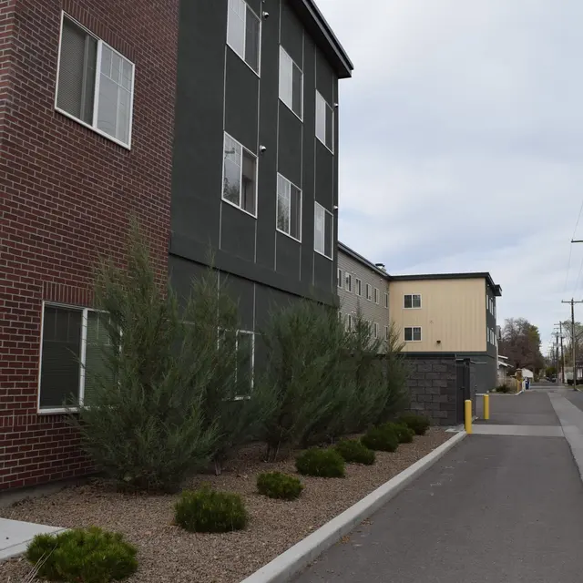 Alley View with Buildings View of an alley with two buildings and landscaping along the path.