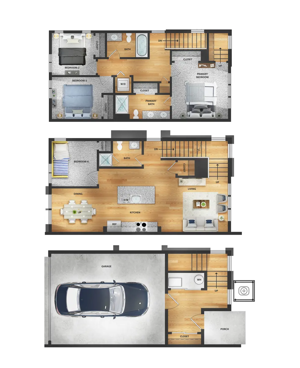 A detailed floor plan of a three-story house, showing the arrangement of rooms including bedrooms, bathrooms, living areas, kitchen, and a garage.