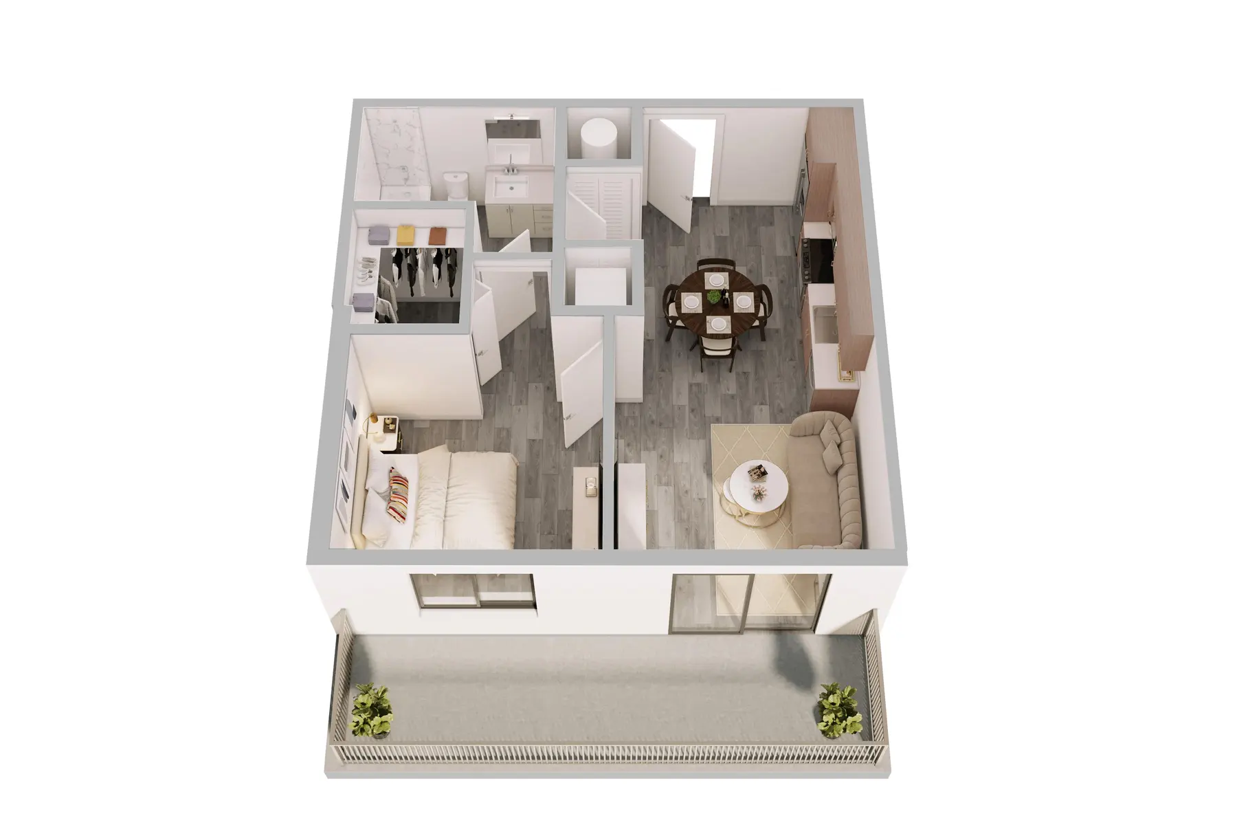 A modern, two-bedroom apartment layout shown from an overhead perspective, featuring a living area, dining space, kitchen, and balcony.