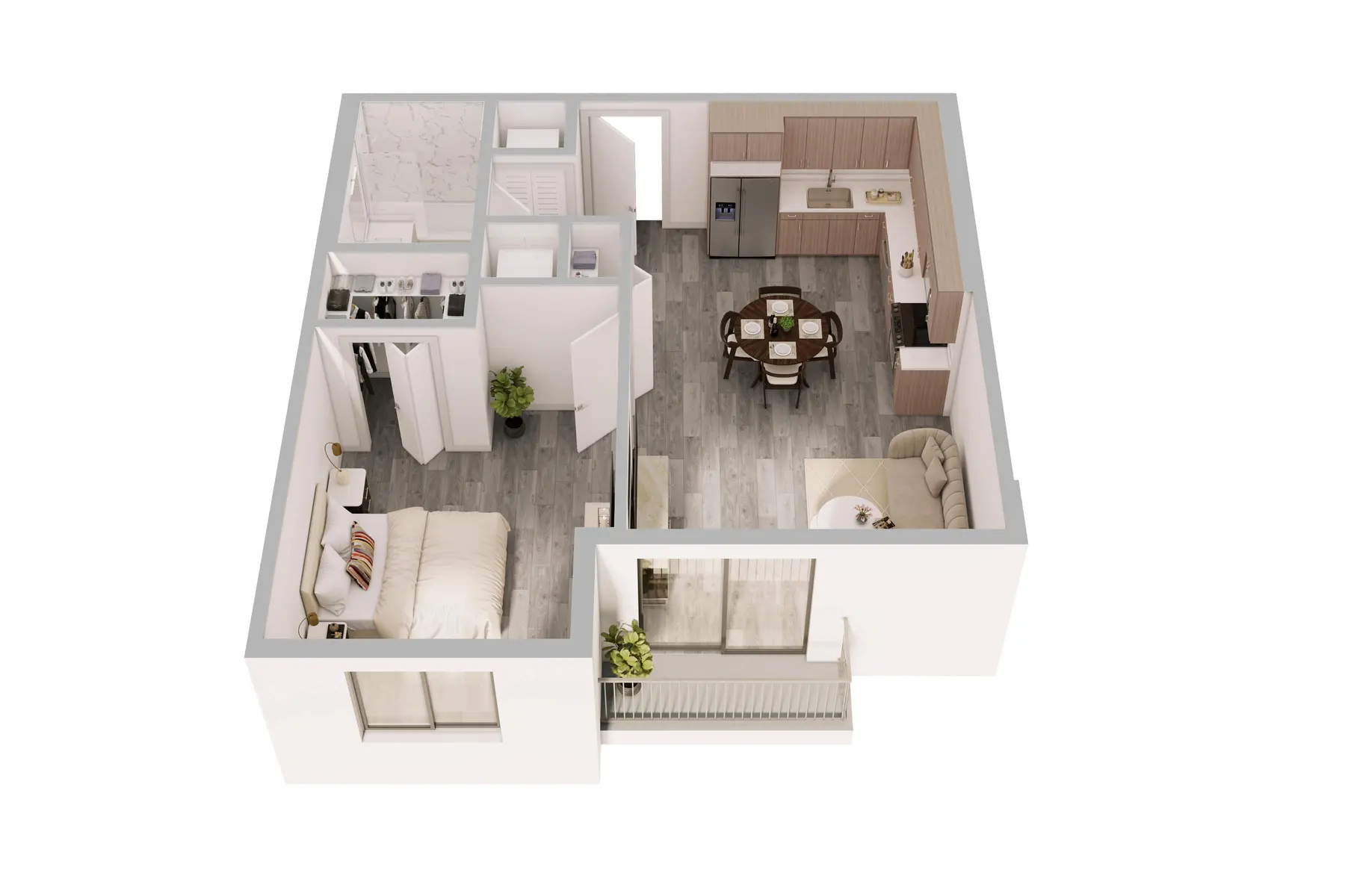 Modern One-Bedroom Apartment Layout A 3D layout of a modern one-bedroom apartment featuring a living area, kitchen, dining space, bathroom, and bedroom.