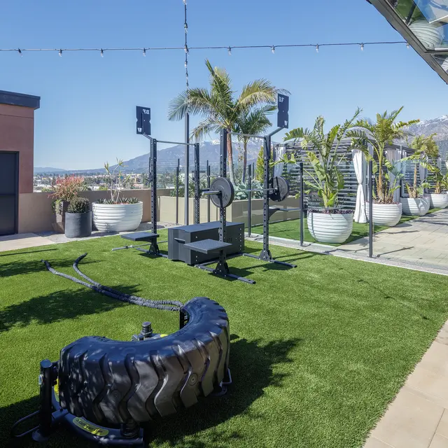 A rooftop fitness area featuring artificial grass, workout equipment including tires, and palm trees with mountains in the background.