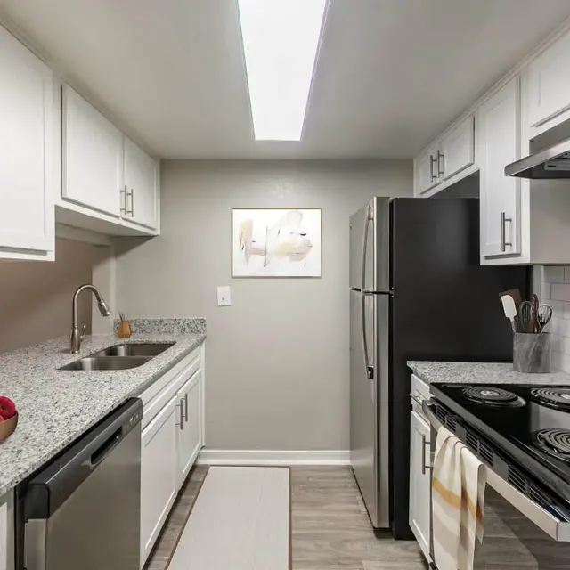 A modern kitchen featuring gray cabinets, a granite countertop, a sink, and a black stove with an overhead exhaust. A bowl of red apples is placed on the counter, and there is a white rug on the floor.