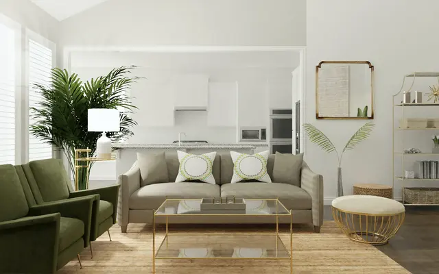 Contemporary Living Room Interior A modern living room featuring a green sofa and chairs, a glass coffee table, a plant, and neutral decor.