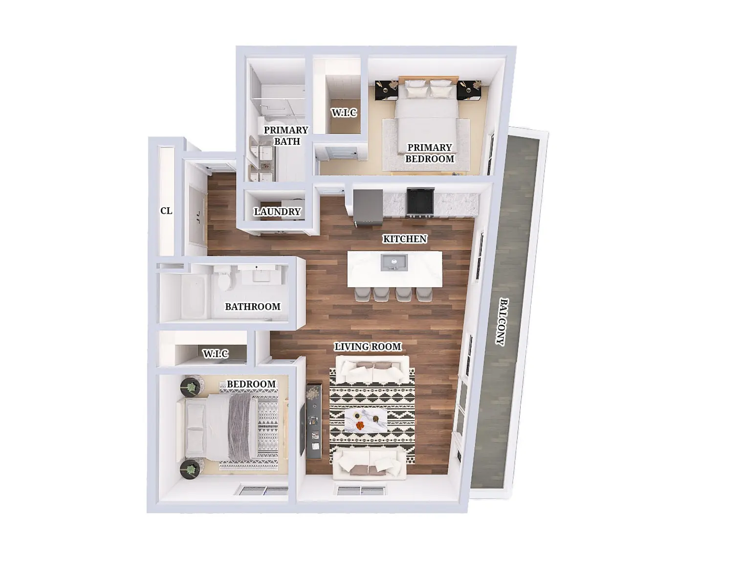 Top-down view of an apartment floor plan featuring a kitchen, living room, primary bedroom with an en-suite bath, two additional bedrooms, a laundry room, and two bathrooms.