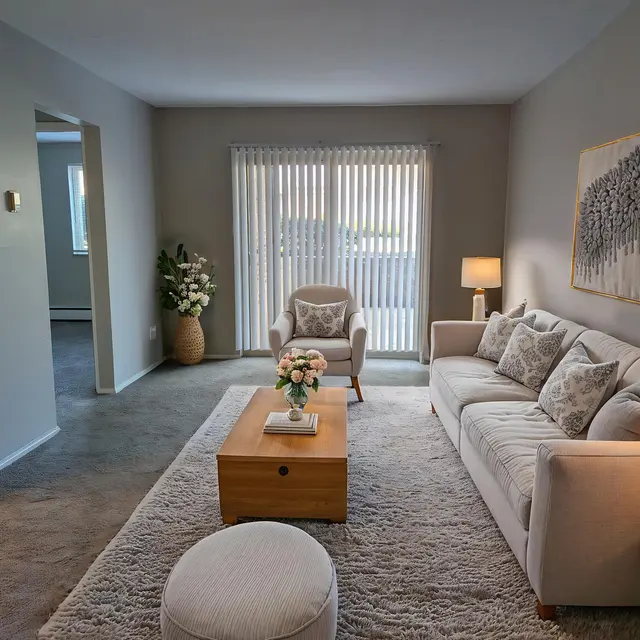 A cozy living room with a beige sofa, a coffee table, and a decorative ottoman. There are houseplants in a pot, a chair, and bright natural light coming through vertical blinds.