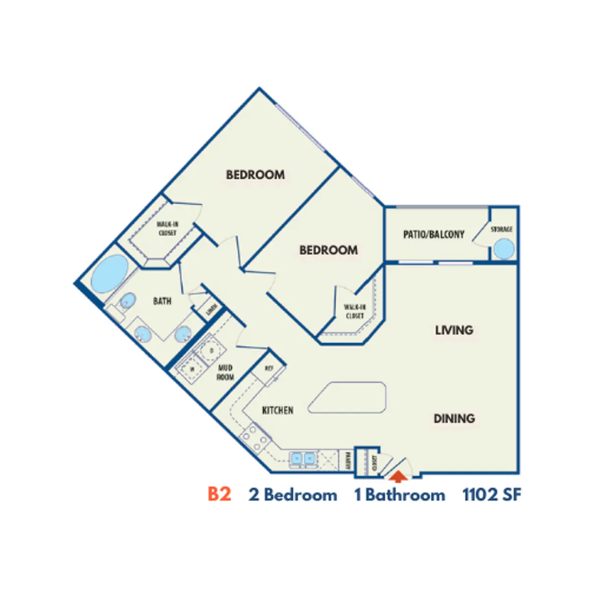2 Bedroom 1 Bathroom Apartment Floor Plan Floor plan of a 2 bedroom, 1 bathroom apartment with dimensions of 1102 square feet. It includes a living area, dining area, kitchen, and a patio/balcony.