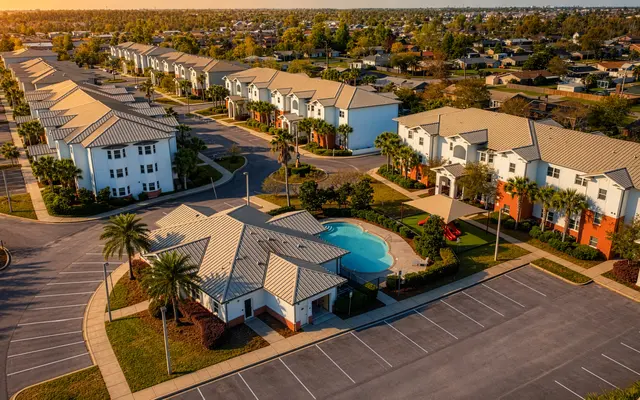 Aerial View of Residential Complex at Sunset Aerial view of a modern residential complex with multiple buildings, palm trees, and a swimming pool. The sun is setting, casting a warm glow over the scene.