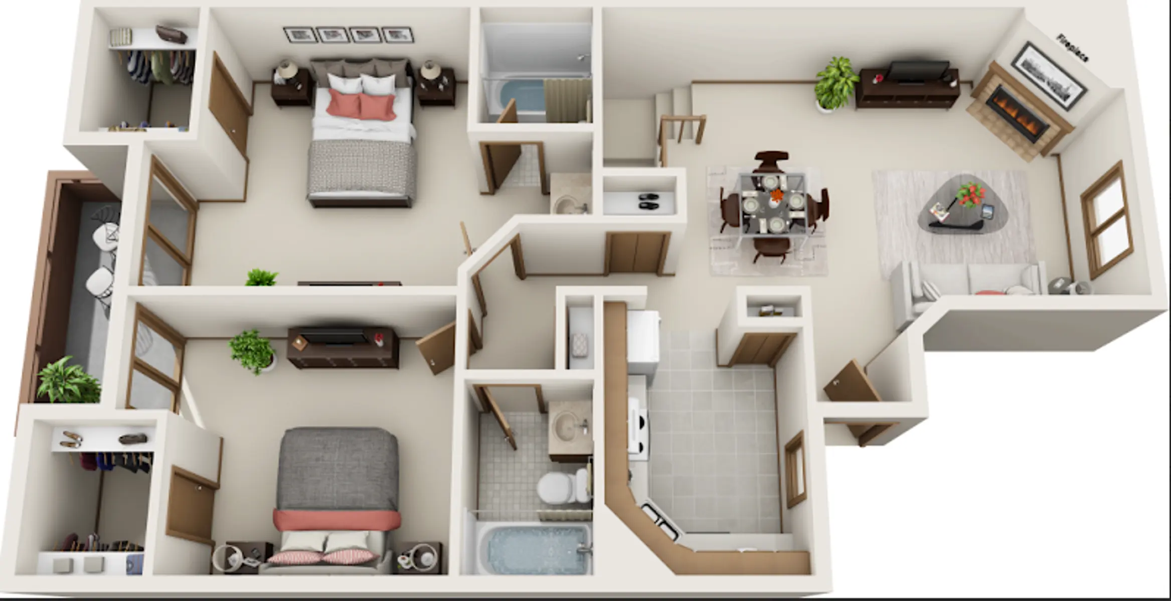 A 3D rendering of an apartment layout showing various rooms including bedrooms, a living area, a dining area, a kitchen, and bathrooms, with furniture and decor details.