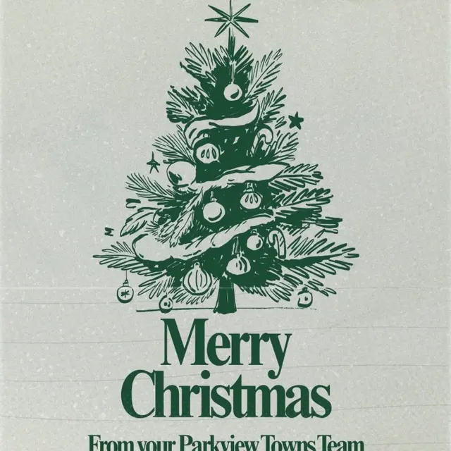 A vintage-style Christmas card featuring a decorated tree with ornaments and a star on top, alongside the words 'Merry Christmas' and a message from the Parkview Towns Team.