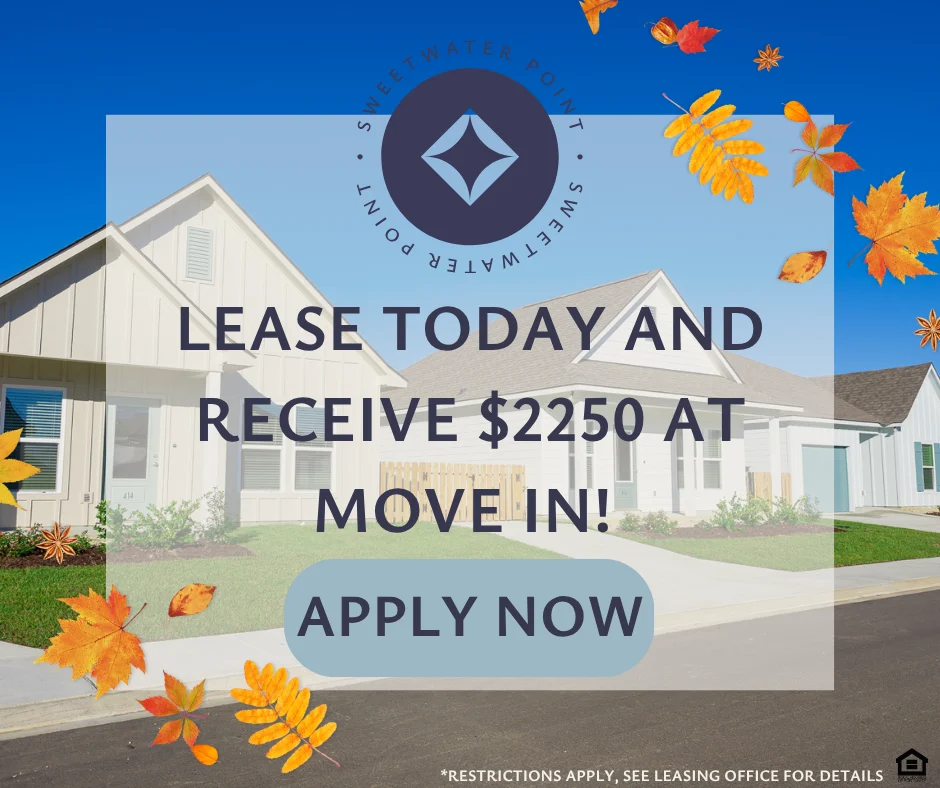 Promotional image for leasing homes at Seawater Point with a seasonal fall theme. The text highlights a special offer for new leases.