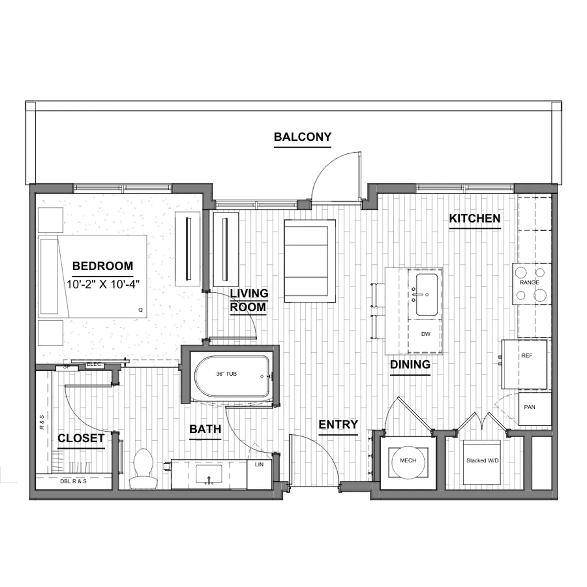 Detailed floor plan of a small apartment featuring a bedroom, living room, kitchen, dining area, bathroom, and balcony.