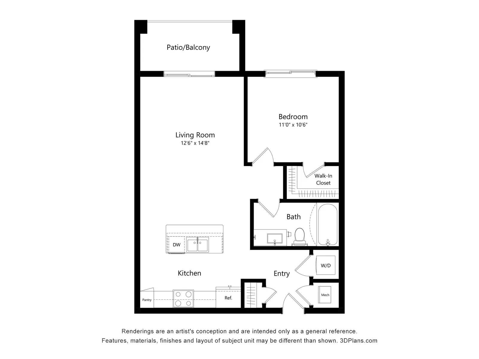 One-Bedroom Apartment Floor Plan A detailed floor plan of a one-bedroom apartment featuring labeled areas such as a kitchen, living room, bedroom, bath, entry, and patio/balcony.