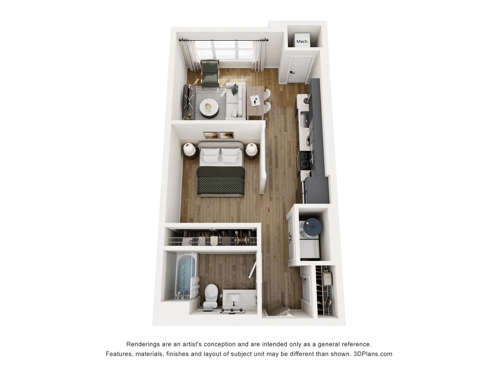 One-Bedroom Apartment Floor Plan A top-down view of a one-bedroom apartment floor plan featuring a living area, bedroom, kitchen, and bathroom.