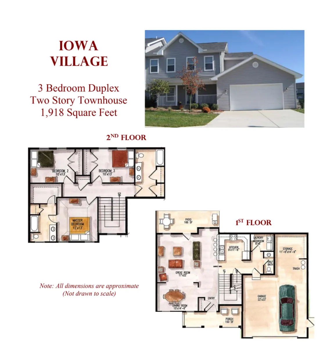 A promotional flyer for a townhouse called Iowa Village, featuring images of a two story home's exterior and floor plans for the first and second floors.