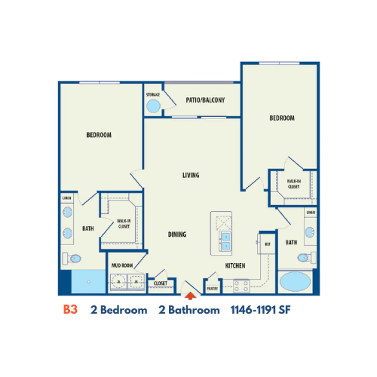 2 Bedroom 2 Bathroom Apartment Floor Plan B3 A floor plan for a 2-bedroom, 2-bathroom apartment labeled B3, featuring a living room, dining area, kitchen, and patio/balcony.