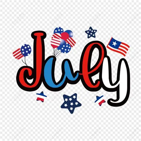 Colorful design with the word 'July', featuring patriotic elements like stars, balloons, and flags.