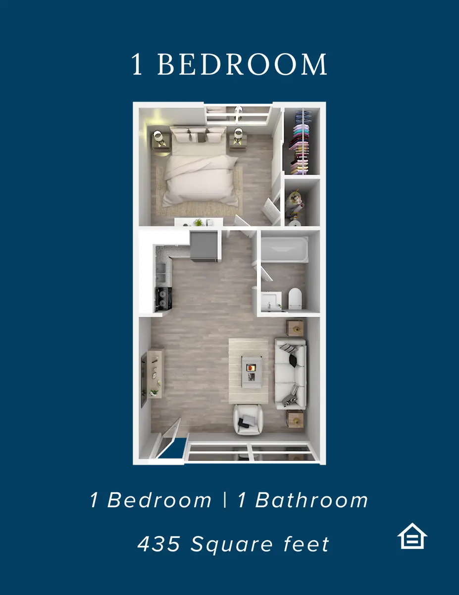 An overhead view of a one-bedroom apartment layout featuring a bedroom, bathroom, and living area with furniture.