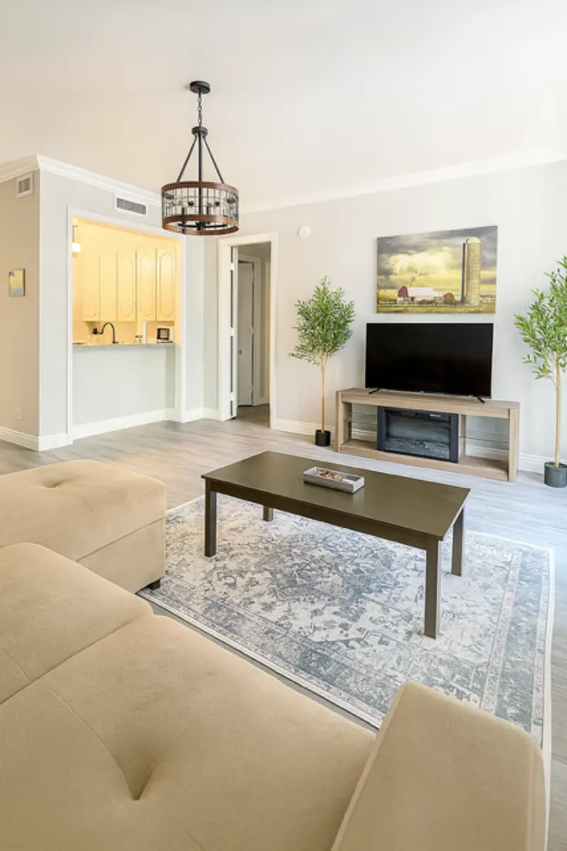 A cozy living room featuring a beige sofa, a dark coffee table, a flat-screen TV on a wooden stand, a light rug, and two small indoor plants. The background shows a kitchen area with light-colored cabinetry.