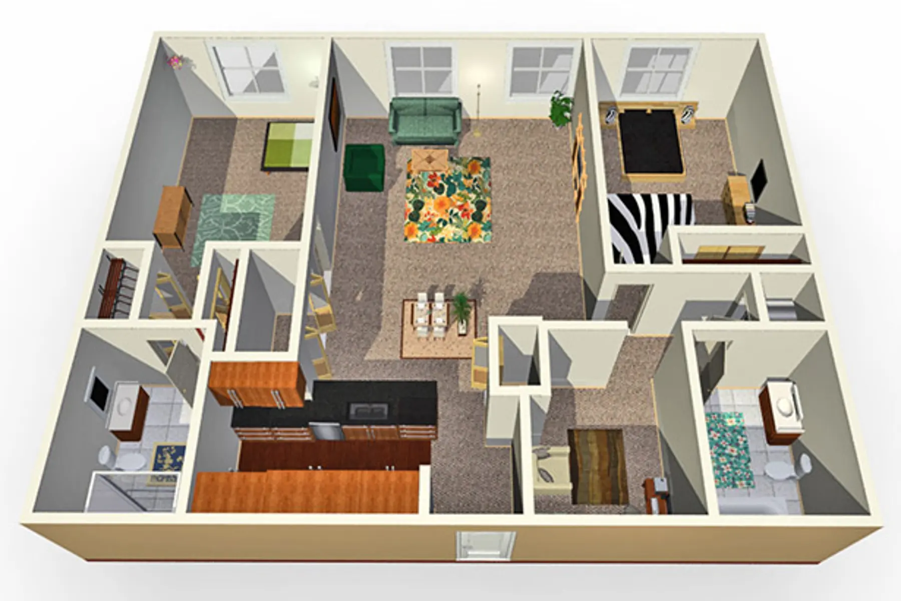 A 3D floor plan showing a residential layout with multiple rooms including a kitchen, living area, and several bedrooms.