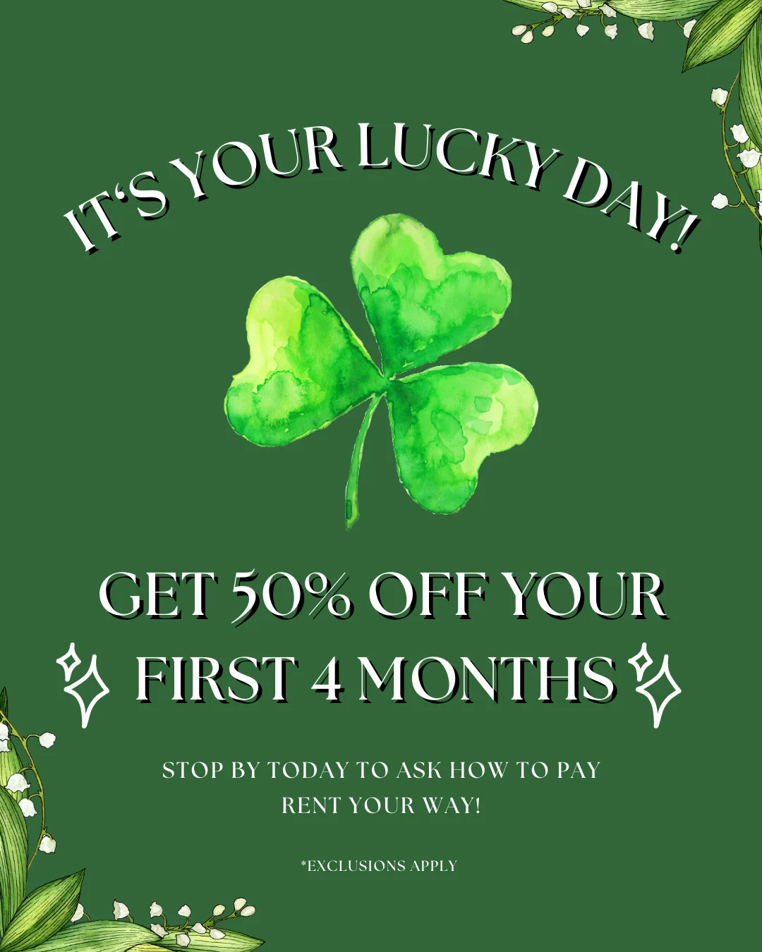 Promotional poster featuring a green background with a watercolor shamrock and text offering 50% off the first four months of rent.